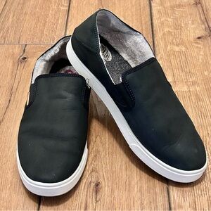 OluKai Pehuea Heu Black Leather Shearling Lined Slip On Shoes Women's Size 11